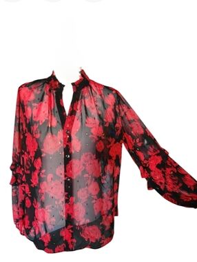 Chicos Sheer Red Black Floral Ruffled Blouse NWT 2
